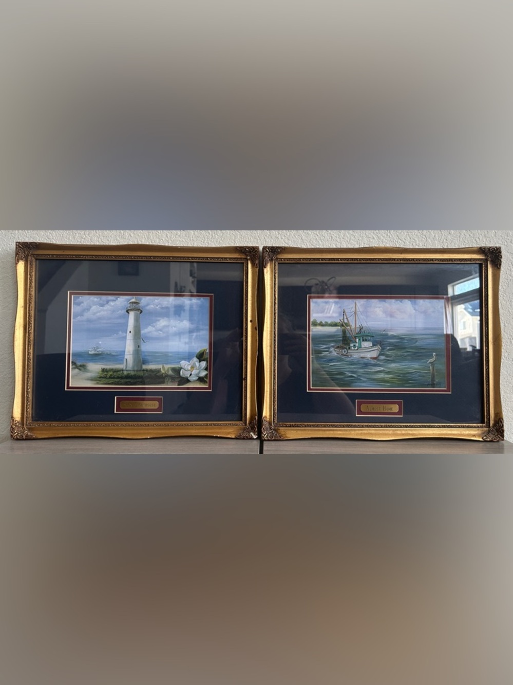 Joan Dougherty Signed Framed Nautical Print Set –Biloxi Lighthouse & Almost Home